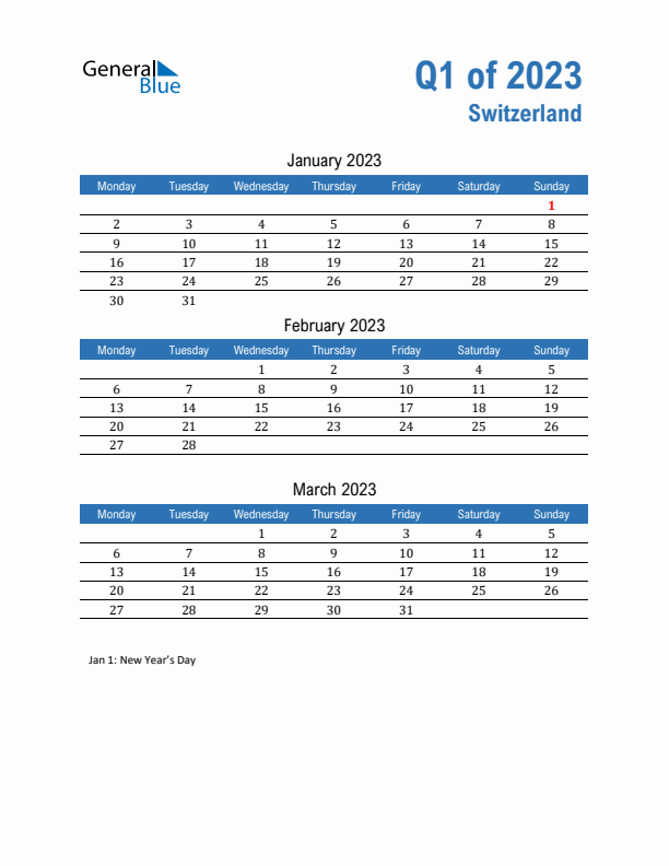 Switzerland Q1 2023 Quarterly Calendar with Monday Start