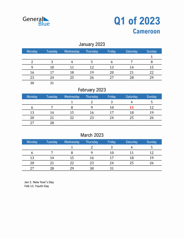 Cameroon Q1 2023 Quarterly Calendar with Monday Start