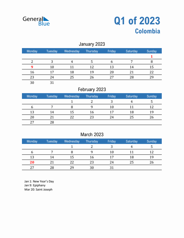 Colombia Q1 2023 Quarterly Calendar with Monday Start