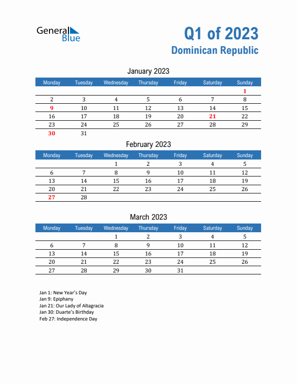 Dominican Republic Q1 2023 Quarterly Calendar with Monday Start