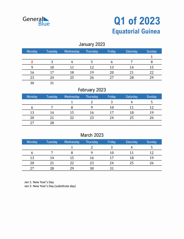 Equatorial Guinea Q1 2023 Quarterly Calendar with Monday Start