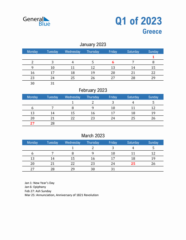 Greece Q1 2023 Quarterly Calendar with Monday Start