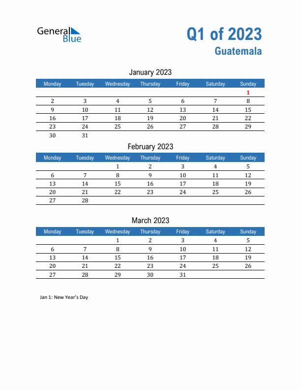 Guatemala Q1 2023 Quarterly Calendar with Monday Start