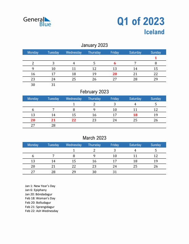 Iceland Q1 2023 Quarterly Calendar with Monday Start