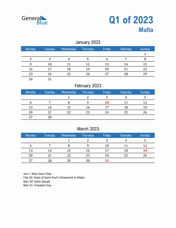 Malta Q1 2023 Quarterly Calendar with Monday Start