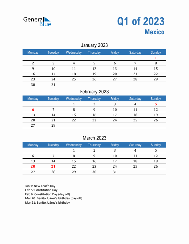 Mexico Q1 2023 Quarterly Calendar with Monday Start