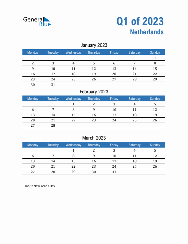 The Netherlands Q1 2023 Quarterly Calendar with Monday Start