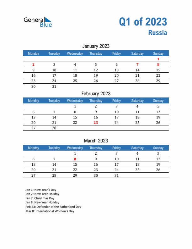 Russia Q1 2023 Quarterly Calendar with Monday Start