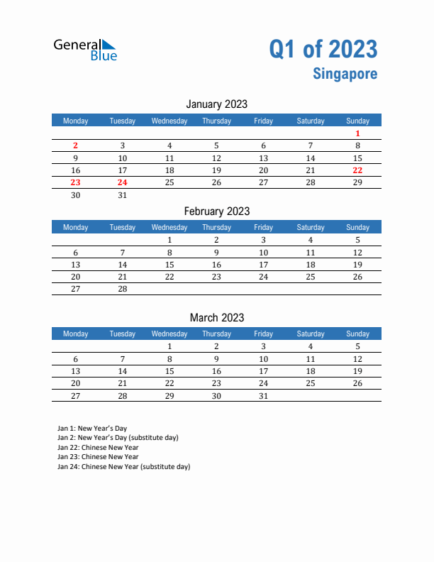 Singapore Q1 2023 Quarterly Calendar with Monday Start