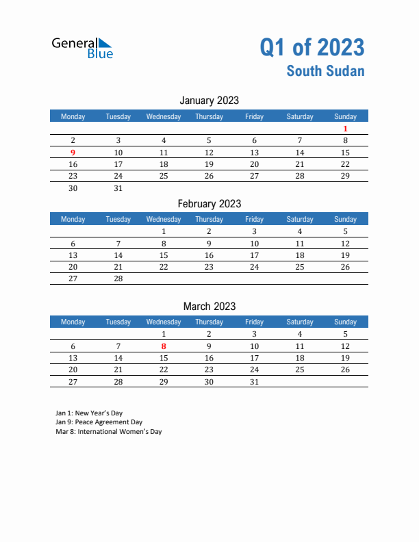 South Sudan Q1 2023 Quarterly Calendar with Monday Start