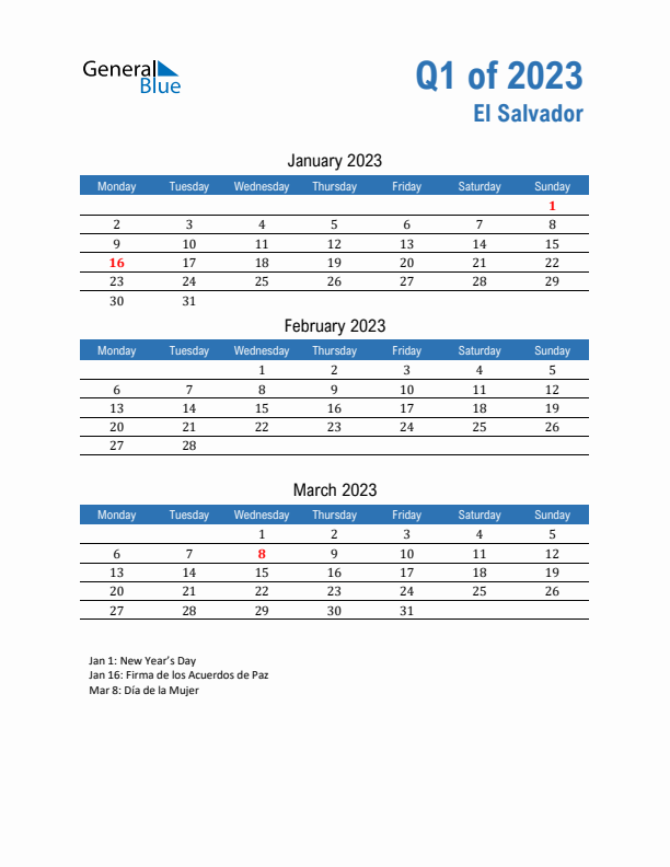 El Salvador Q1 2023 Quarterly Calendar with Monday Start