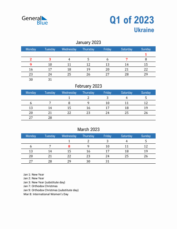 Ukraine Q1 2023 Quarterly Calendar with Monday Start