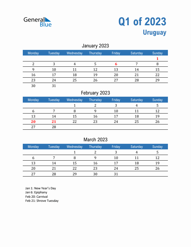 Uruguay Q1 2023 Quarterly Calendar with Monday Start