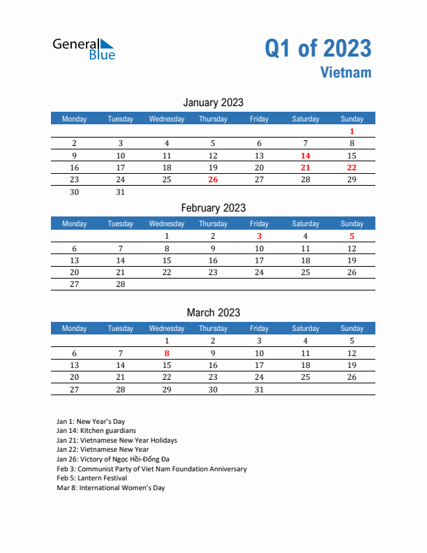 Vietnam Q1 2023 Quarterly Calendar with Monday Start