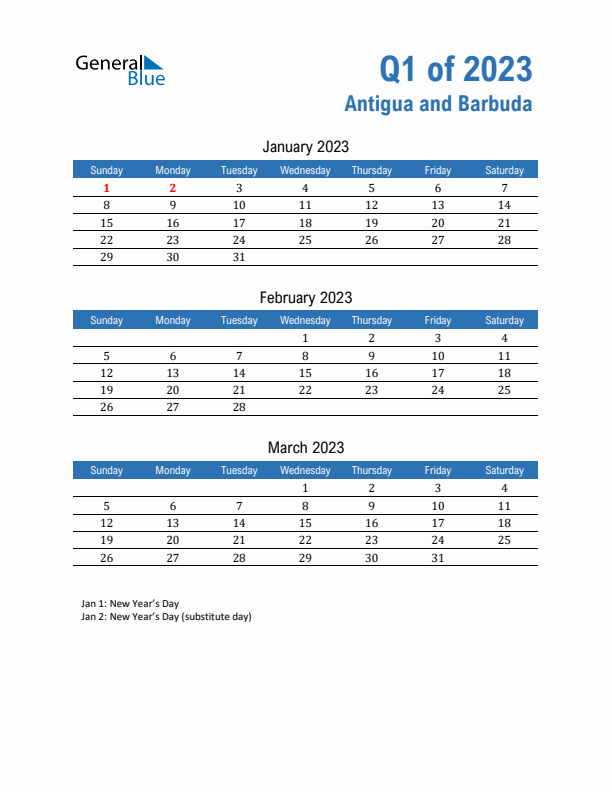 Antigua and Barbuda Q1 2023 Quarterly Calendar with Sunday Start