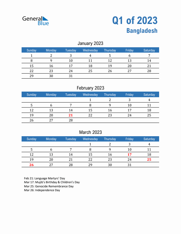 Bangladesh Q1 2023 Quarterly Calendar with Sunday Start