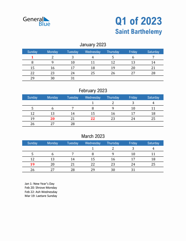 Saint Barthelemy Q1 2023 Quarterly Calendar with Sunday Start