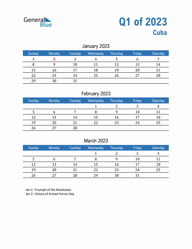 Cuba Q1 2023 Quarterly Calendar with Sunday Start