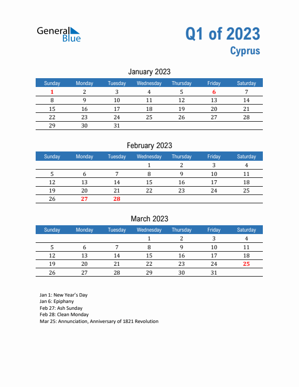 Cyprus Q1 2023 Quarterly Calendar with Sunday Start