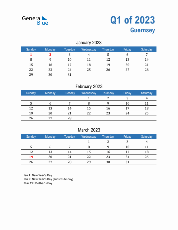 Guernsey Q1 2023 Quarterly Calendar with Sunday Start