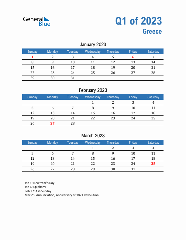 Greece Q1 2023 Quarterly Calendar with Sunday Start