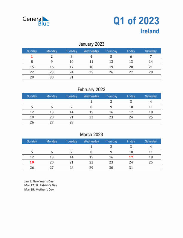 Ireland Q1 2023 Quarterly Calendar with Sunday Start