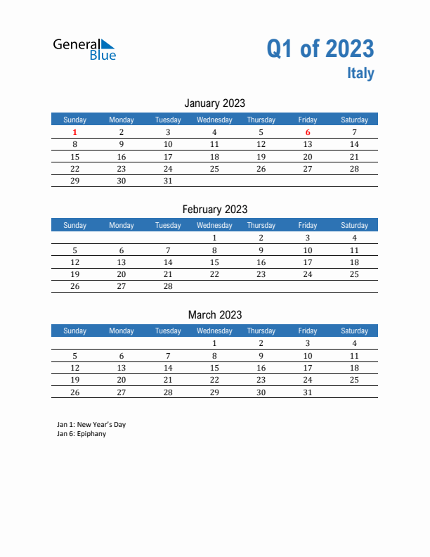 Italy Q1 2023 Quarterly Calendar with Sunday Start