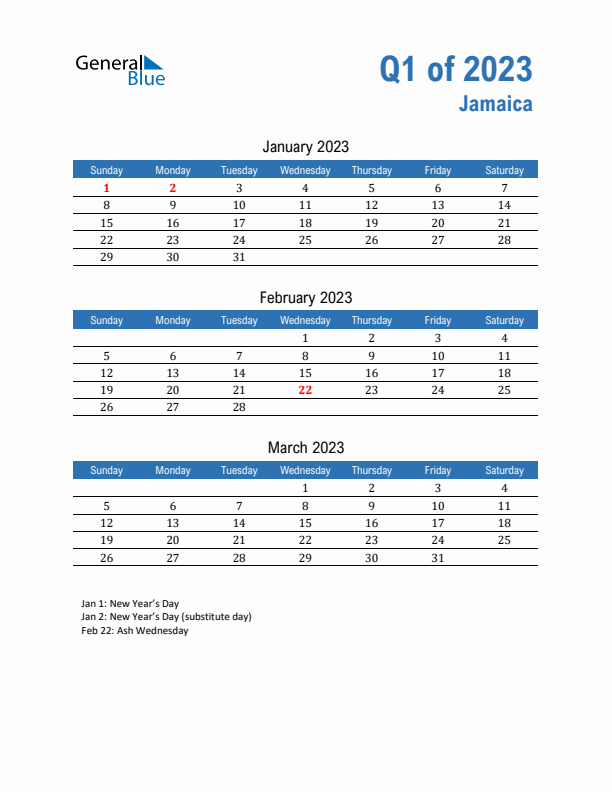 Jamaica Q1 2023 Quarterly Calendar with Sunday Start