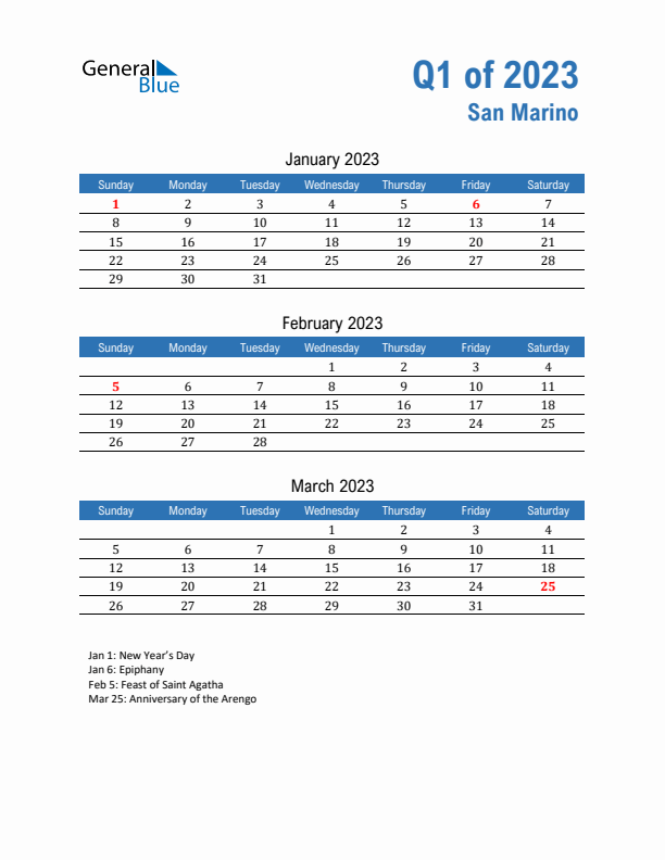 San Marino Q1 2023 Quarterly Calendar with Sunday Start