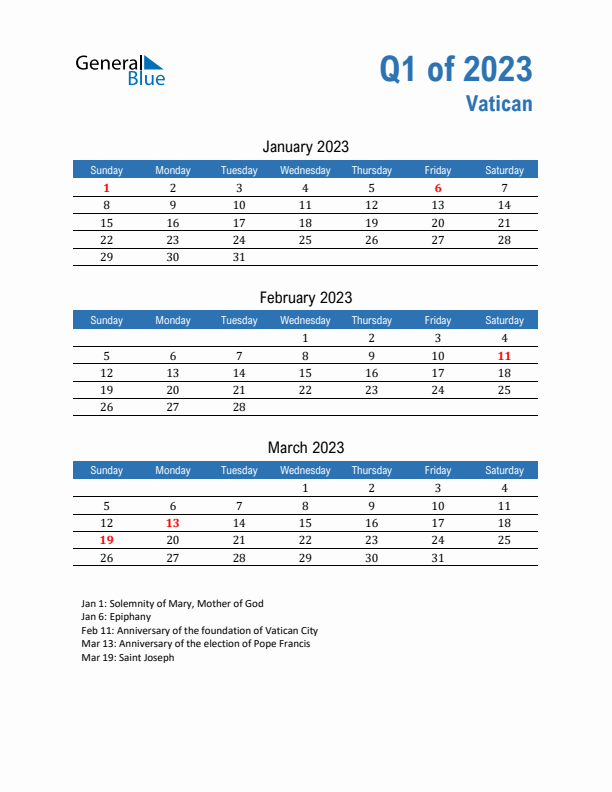 Vatican Q1 2023 Quarterly Calendar with Sunday Start