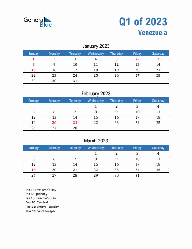 Venezuela Q1 2023 Quarterly Calendar with Sunday Start