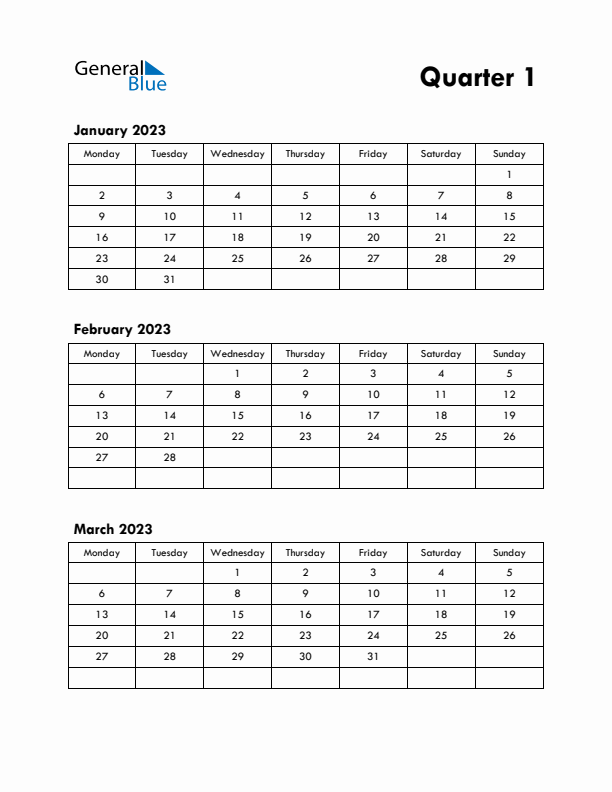 Quarter 1 2023 Calendar - Monday Start