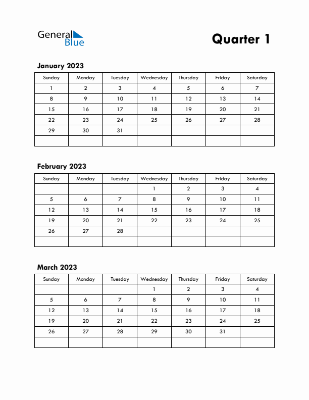 Quarter 1 2023 Calendar - Sunday Start