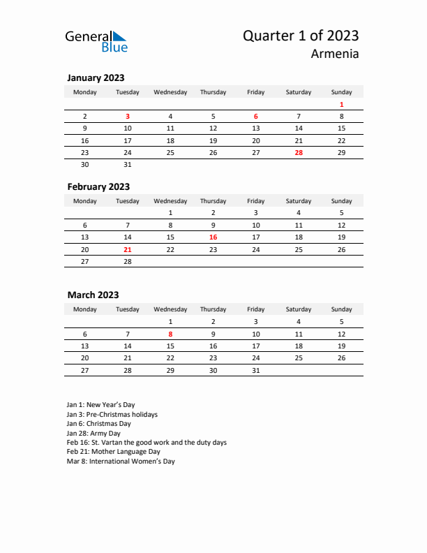 2023 Q1 Three-Month Calendar for Armenia