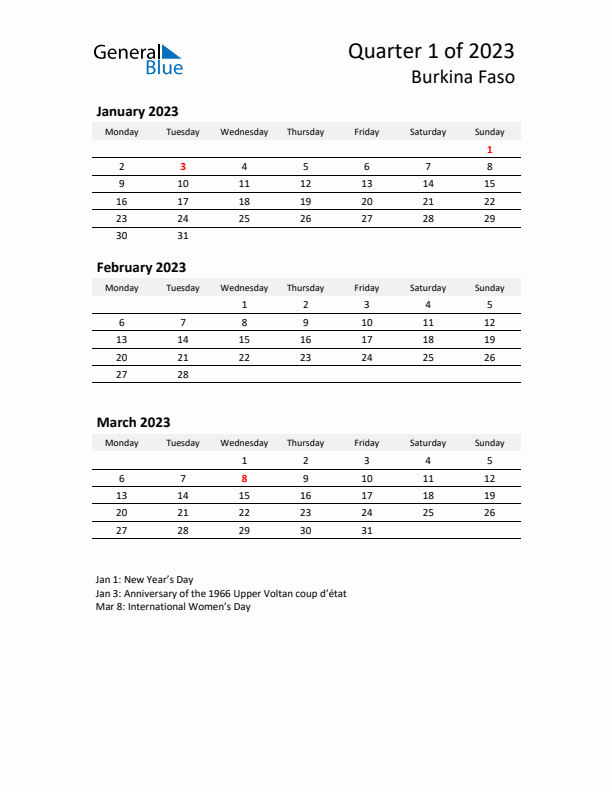 2023 Q1 Three-Month Calendar for Burkina Faso