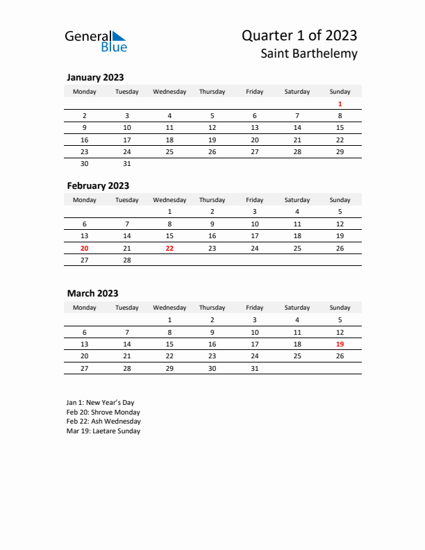 2023 Q1 Three-Month Calendar for Saint Barthelemy