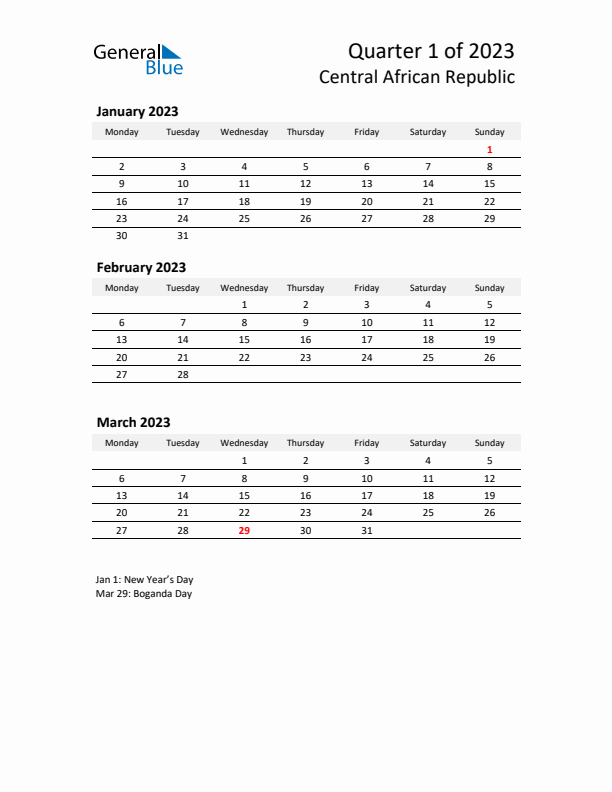 2023 Q1 Three-Month Calendar for Central African Republic