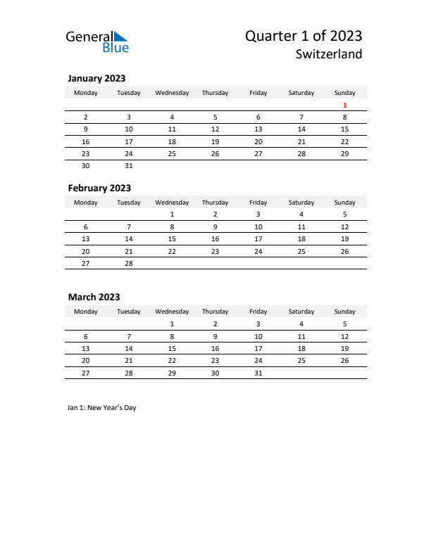 2023 Q1 Three-Month Calendar for Switzerland