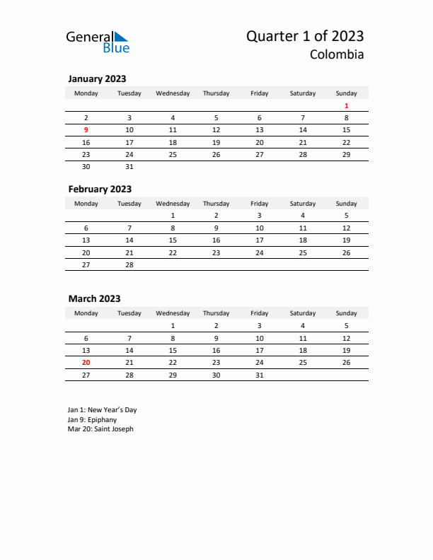 2023 Q1 Three-Month Calendar for Colombia