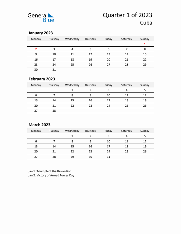 2023 Q1 Three-Month Calendar for Cuba