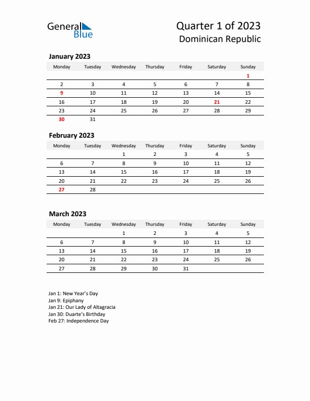 2023 Q1 Three-Month Calendar for Dominican Republic