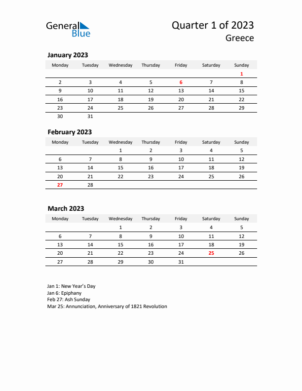 2023 Q1 Three-Month Calendar for Greece