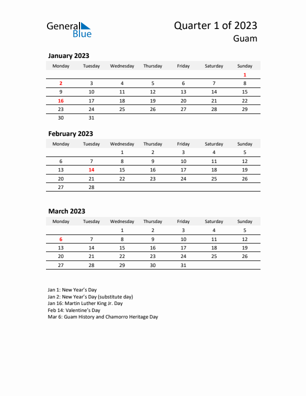 2023 Q1 Three-Month Calendar for Guam