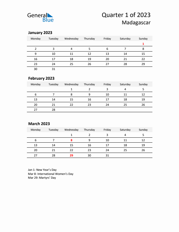 2023 Q1 Three-Month Calendar for Madagascar