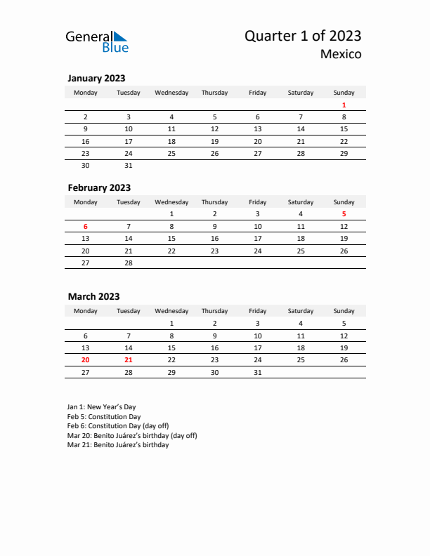 2023 Q1 Three-Month Calendar for Mexico