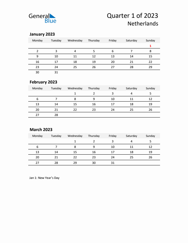 2023 Q1 Three-Month Calendar for The Netherlands