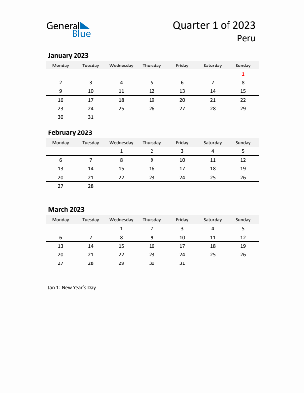 2023 Q1 Three-Month Calendar for Peru