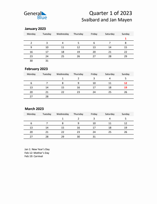 2023 Q1 Three-Month Calendar for Svalbard and Jan Mayen