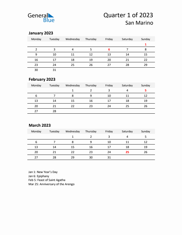 2023 Q1 Three-Month Calendar for San Marino