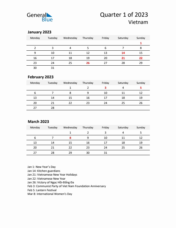 2023 Q1 Three-Month Calendar for Vietnam